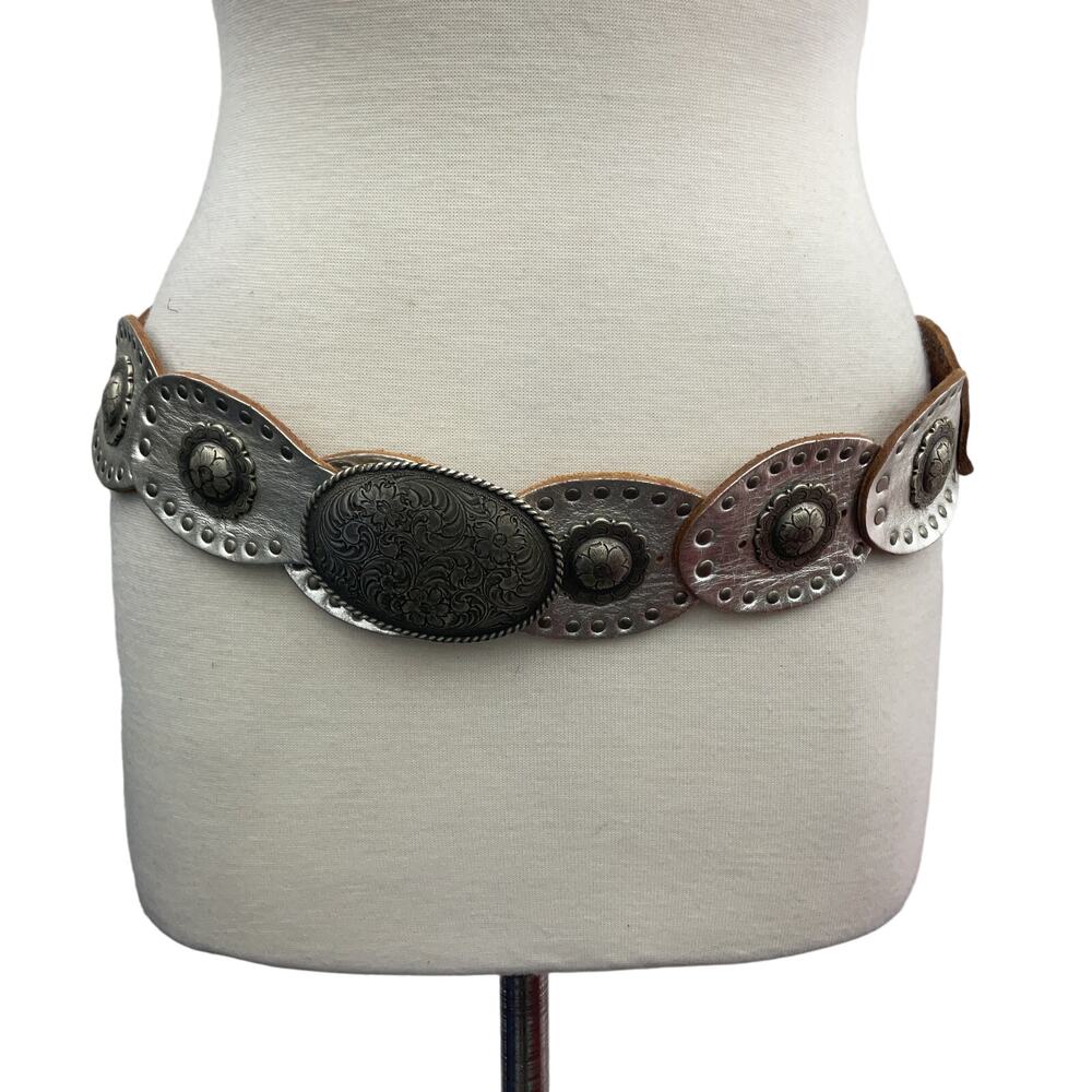 Fossil Silver Tone Studded Hand Tooled Leather & Metal Women's Belt - Size M